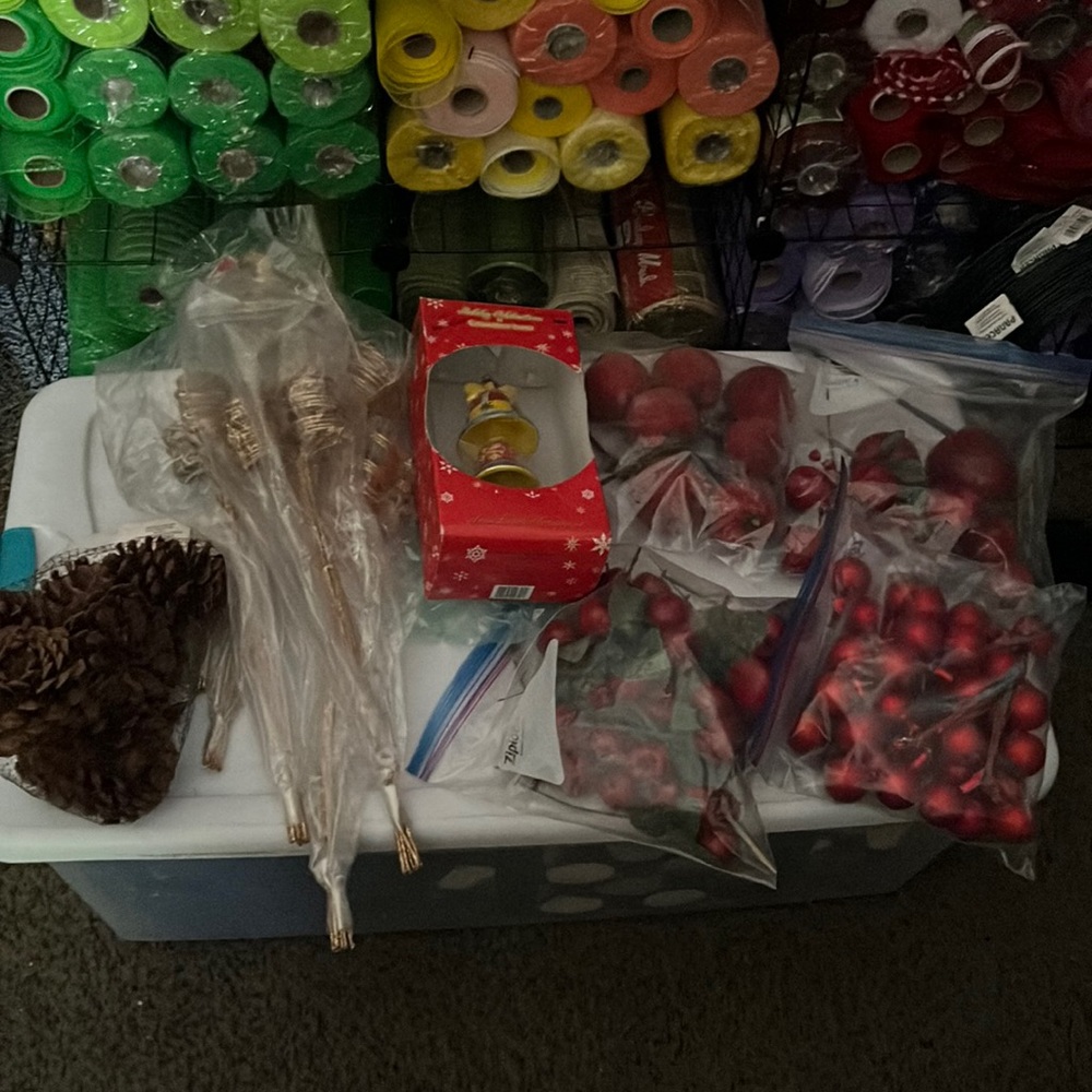 Assortment of Christmas Items. Fake Apple sugar fruit, red glass ornament picks